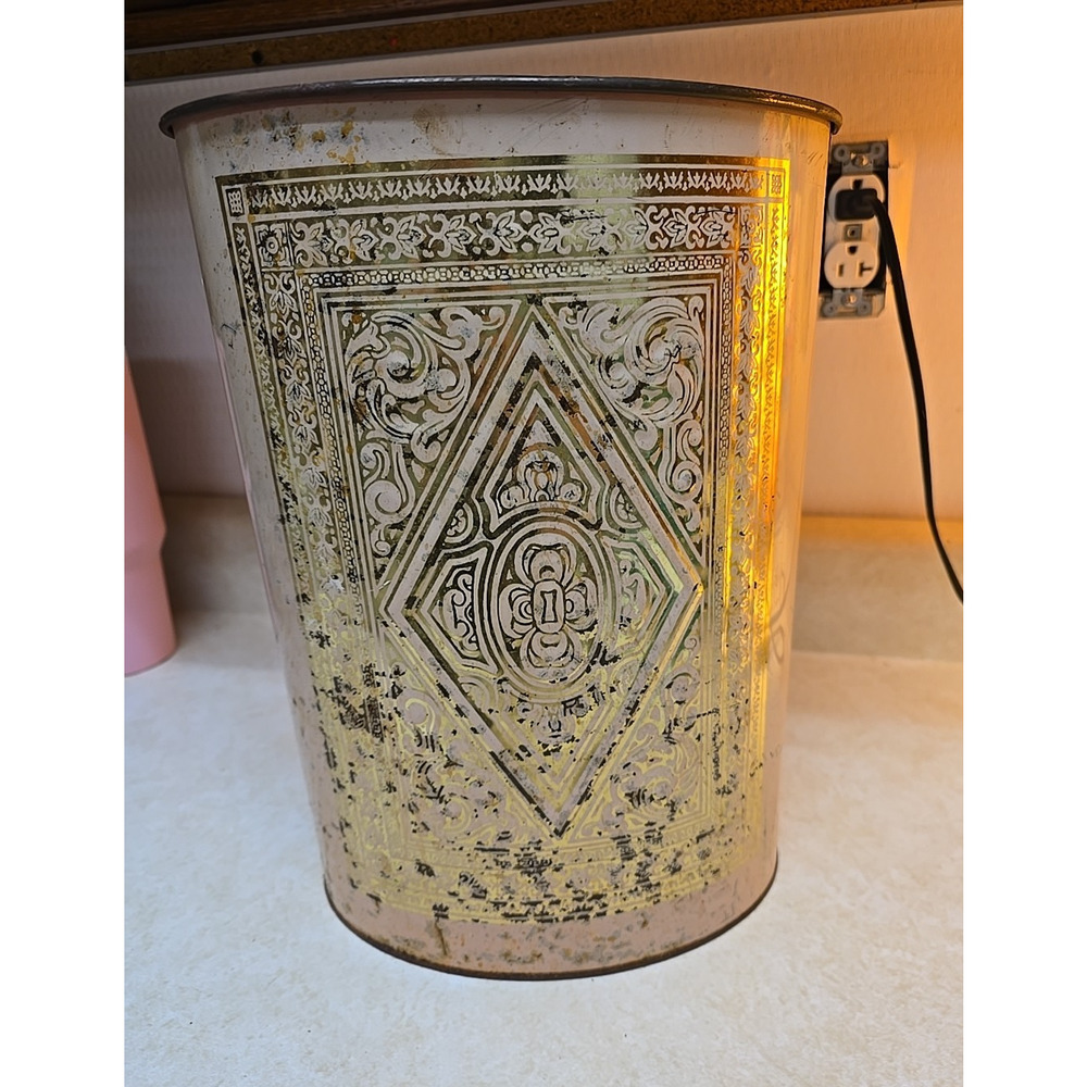 Vtg MCM Gold Tone Embossed Metal‎ Retro Classic Basket Garbage Trash Can 13.5"